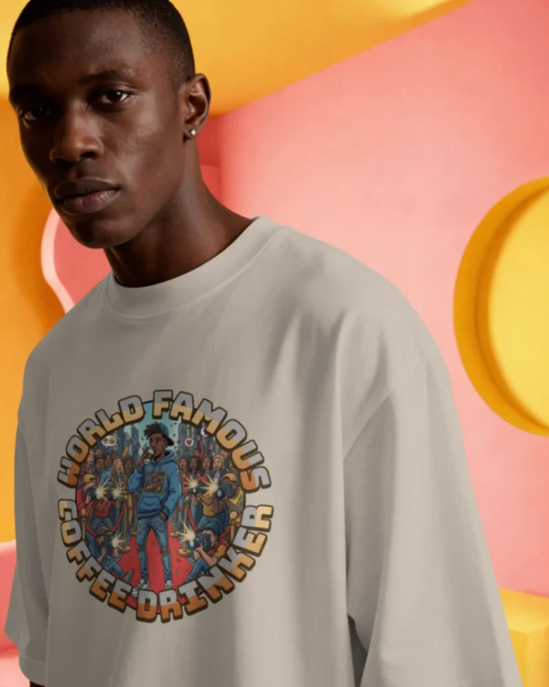 Model wearing the World Famous Coffee Drinker graphic tee